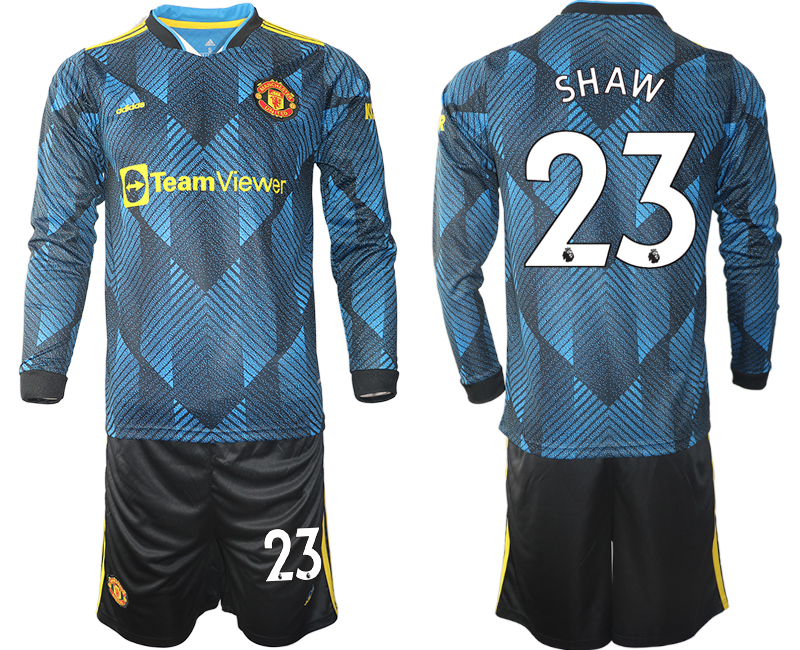 Men 2021-2022 Club Manchester united second away blue Long Sleeve #23 Soccer Jersey